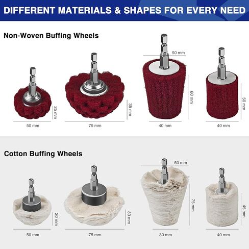 8PCS Buffing Wheels for Drill, Non-Woven & Cotton Polishing Wheels for Drill 1/4" Secure Hex Shank, Rust Removal and Mirror Finish for Car Motorcycle Wheel Rim Headlight Metal Aluminum Brass in Kuwait