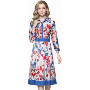 LAI MENG FIVE CATS Women's 3/4 Sleeve Floral Print Button up Casual A-line Flowy Midi Dress in Kuwait