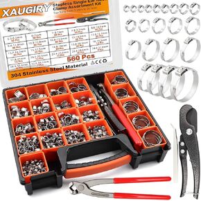 560 قطعة 22 مقاسًا 304 من الفولاذ المقاوم للصدأ مجموعة متنوعة من مشبك خرطوم الأذن الواحد، قابل للتعديل 5.3-36.1 مم، مع أداة كماشة مشبك الأذن، لخط الوقود والسيارات والصناعة وخط أنابيب المنزل in Kuwait