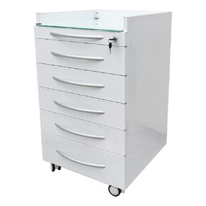 5 Drawer Medical Dental Assistant's Mobile Cabinet - Stainless Steel Rolling Storage Cart, 4 Casters and 2 ABS Trays, Glass Countertop, 17.7"x17.7"x30.3", for Clinic Hospital in Kuwait