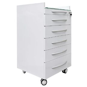 5 Drawer Medical Dental Assistant's Mobile Cabinet - Stainless Steel Rolling Storage Cart, 4 Casters and 2 ABS Trays, Glass Countertop, 17.7"x15.7"x31.5", for Clinic Hospital in Kuwait