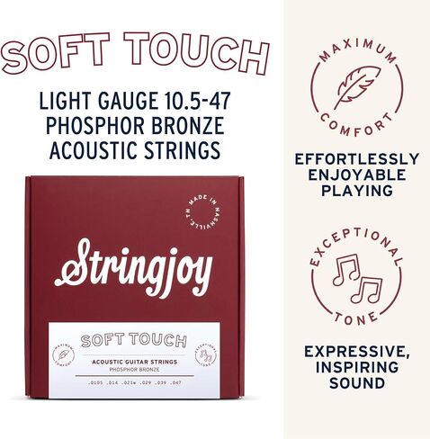 Stringjoy 10.5-47 مواد طبيعية ناعمة الملمس - أوتار جيتار صوتية برونزية فوسفور خفيفة ممتازة - راحة إضافية ونغمة استثنائية، مجموعة صوتية مكونة من 6 أوتار in Kuwait
