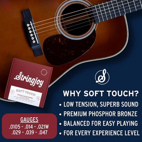 Stringjoy 10.5-47 مواد طبيعية ناعمة الملمس - أوتار جيتار صوتية برونزية فوسفور خفيفة ممتازة - راحة إضافية ونغمة استثنائية، مجموعة صوتية مكونة من 6 أوتار in Kuwait