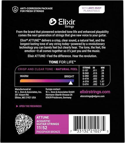 سلاسل Elixir، أوتار الجيتار الصوتية ATTUNE، برونز الفوسفور، نغمة واضحة وواضحة تدوم طويلاً مع ملمس طبيعي، مجموعة من 6 أوتار، ضوء مخصص 11-52 in Saudi Arabia