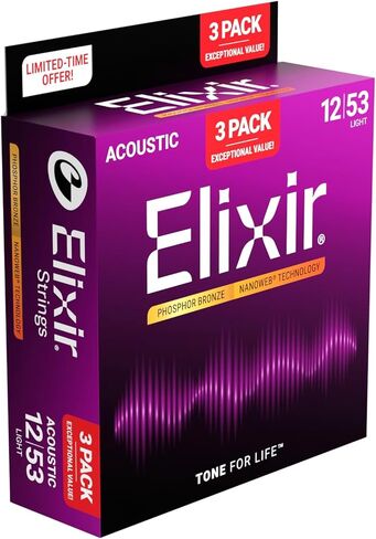 Elixir Acoustic Phosphor Bronze Guitar Strings w/NANOWEB® Technology - Light 12-53 - (3 Pack 16052) Limited Holiday Release in Saudi Arabia