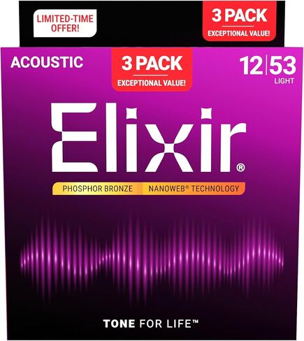 Elixir Acoustic Phosphor Bronze Guitar Strings w/NANOWEB® Technology - Light 12-53 - (3 Pack 16052) Limited Holiday Release in Saudi Arabia