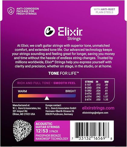 Elixir Acoustic Phosphor Bronze Guitar Strings w/NANOWEB® Technology - Light 12-53 - (3 Pack 16052) Limited Holiday Release in Saudi Arabia