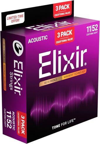 Elixir Acoustic 80/20 Bronze Guitar Strings w/NANOWEB® Technology - Light 12-53 - (3 Pack 11052) in Saudi Arabia