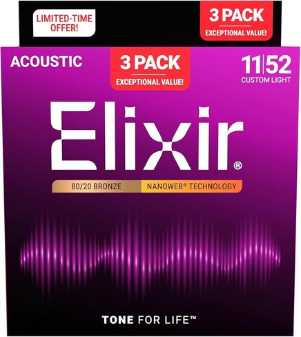 Elixir Acoustic 80/20 Bronze Guitar Strings w/NANOWEB® Technology - Light 12-53 - (3 Pack 11052) in Saudi Arabia