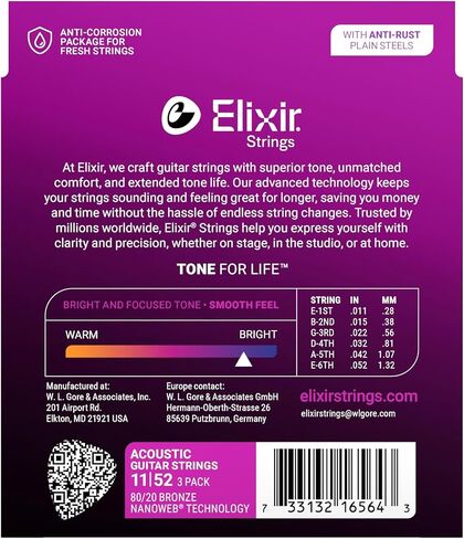 Elixir Acoustic 80/20 Bronze Guitar Strings w/NANOWEB® Technology - Light 12-53 - (3 Pack 11052) in Saudi Arabia