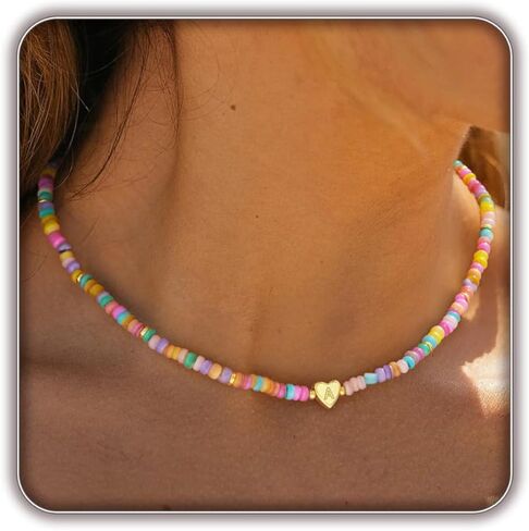 قلادات أولية للنساء العصرية ، 14 كيلو الذهب مطلي A-Z شخصيات القلب المخصصة قلادة ملونة Boho Bead Necklace Dainty Gold Necklace Summert in Kuwait