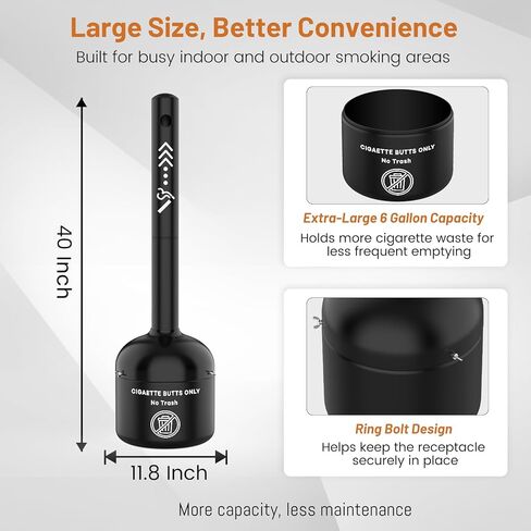 ZONEGRACE Cigarette Trash Can & Cigarette Butt Disposal Outdoor, 40" Tall Commercial Smoking Receptacle, 6 Gallon Heavy Duty Steel Smokers Pole, Stand Up Cigar Ashtrays for Outdoors and Patio, Black in Kuwait