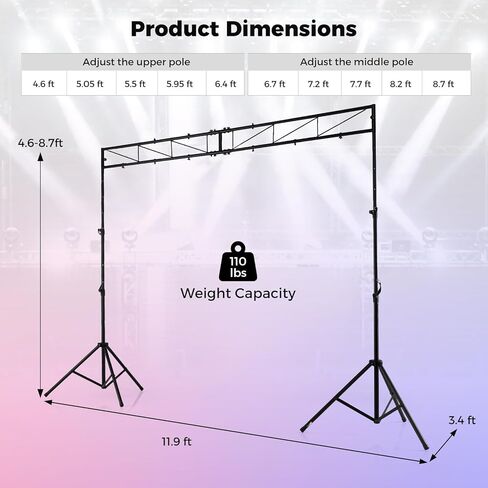 Goplus DJ Light Stand, Lighting Truss System with 12 Lights Hold 110LBS Capacity, 10-Level Adjustable Heights, 2 Folding Tripods, Metal Stage Lighting Stand for Portable Audio Stage, Bar, Party, Bands in Saudi Arabia