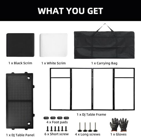 DJ Booth Portable 44 * 21 * 48in, DJ Facade Booth DJ Table Stand w/Black & White Scrim, Carrying Bag, Metal Foldable DJ Stand Table Station for Wedding, Show, Party in Kuwait
