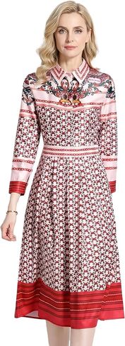 LAI MENG FIVE CATS Women's 3/4 Sleeve Floral Print Button up Casual A-line Flowy Midi Dress in Kuwait