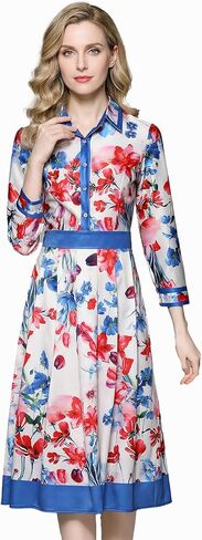 LAI MENG FIVE CATS Women's 3/4 Sleeve Floral Print Button up Casual A-line Flowy Midi Dress in Kuwait