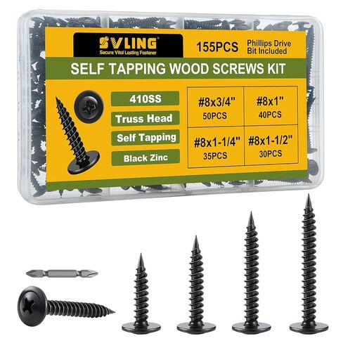 Black Wood Screws Phillips Modified Truss Head Assortment Kit 155PCS, Stainless Steel 410 Quick Self Tapping Screws for Wood Metal, #8 x 3/4",1",1-1/4",1-1/2" in Kuwait