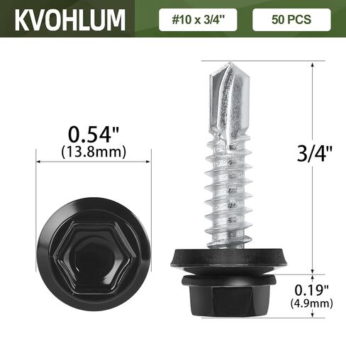 #10 x 3/4" (50 PCS) Black Metal Roofing Screws with Rubber Washer, Hex Head Self Tapping Screws for Metal, Self Drilling Sheet Metal Screw in Kuwait