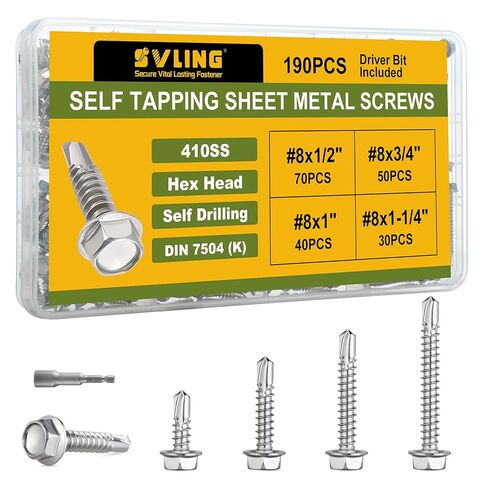 #10 Self Tapping Screws Assortment Kit 122PCS, Stainless Steel 410 Self Drilling Screws for Metal, 5/8" 3/4" 1" 1-1/2", Hex Washer Head Sheet Metal Screw in Kuwait