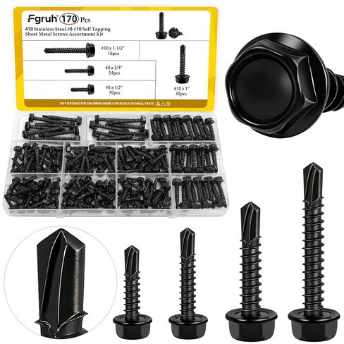 170 قطعة #8#10 براغي ذاتية التنصت للمعادن، #8x1/2'' 3/4''، #10x1'' 1-1/2'' مجموعة متنوعة من براغي الحفر الذاتي برأس غسالة سداسية، 410 صفائح من الفولاذ المقاوم للصدأ برغي معدني فضي in Kuwait