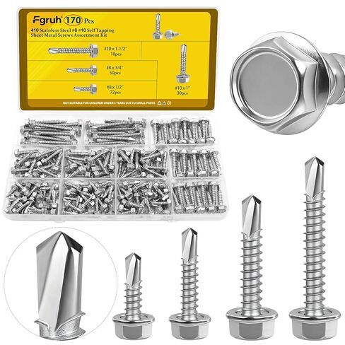 170Pcs #8#10 Self Tapping Screws for Metal, #8x1/2'' 3/4'',#10x1'' 1-1/2'' Hex Washer Head Self Drilling Screws Assortment Kit, 410 Stainless Steel Sheet Metal Screw Silver in Saudi Arabia