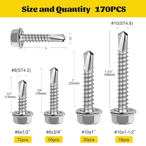 170Pcs #8#10 Self Tapping Screws for Metal, #8x1/2'' 3/4'',#10x1'' 1-1/2'' Hex Washer Head Self Drilling Screws Assortment Kit, 410 Stainless Steel Sheet Metal Screw Silver in Saudi Arabia