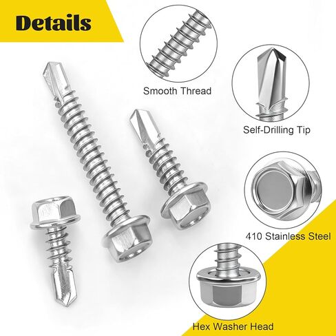 170Pcs #8#10 Self Tapping Screws for Metal, #8x1/2'' 3/4'',#10x1'' 1-1/2'' Hex Washer Head Self Drilling Screws Assortment Kit, 410 Stainless Steel Sheet Metal Screw Silver in Saudi Arabia