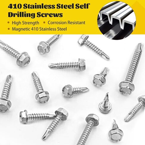 170Pcs #8#10 Self Tapping Screws for Metal, #8x1/2'' 3/4'',#10x1'' 1-1/2'' Hex Washer Head Self Drilling Screws Assortment Kit, 410 Stainless Steel Sheet Metal Screw Silver in Saudi Arabia