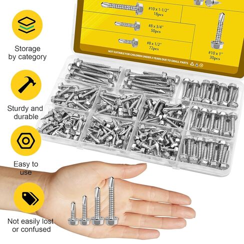 170Pcs #8#10 Self Tapping Screws for Metal, #8x1/2'' 3/4'',#10x1'' 1-1/2'' Hex Washer Head Self Drilling Screws Assortment Kit, 410 Stainless Steel Sheet Metal Screw Silver in Saudi Arabia