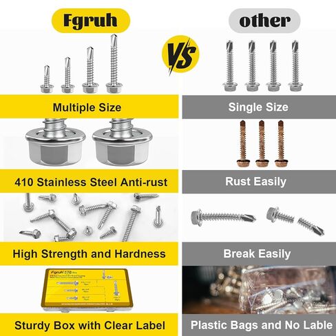 170Pcs #8#10 Self Tapping Screws for Metal, #8x1/2'' 3/4'',#10x1'' 1-1/2'' Hex Washer Head Self Drilling Screws Assortment Kit, 410 Stainless Steel Sheet Metal Screw Silver in Saudi Arabia