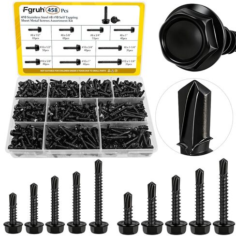 170Pcs #8#10 Self Tapping Screws for Metal, #8x1/2'' 3/4'',#10x1'' 1-1/2'' Hex Washer Head Self Drilling Screws Assortment Kit, 410 Stainless Steel Sheet Metal Screw Silver in Saudi Arabia