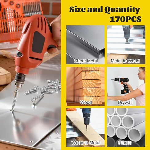 170Pcs #8#10 Self Tapping Screws for Metal, #8x1/2'' 3/4'',#10x1'' 1-1/2'' Hex Washer Head Self Drilling Screws Assortment Kit, 410 Stainless Steel Sheet Metal Screw Silver in Saudi Arabia