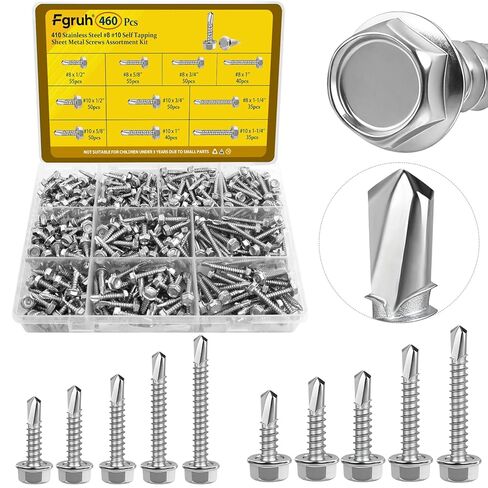 170Pcs #8#10 Self Tapping Screws for Metal, #8x1/2'' 3/4'',#10x1'' 1-1/2'' Hex Washer Head Self Drilling Screws Assortment Kit, 410 Stainless Steel Sheet Metal Screw Silver in Saudi Arabia