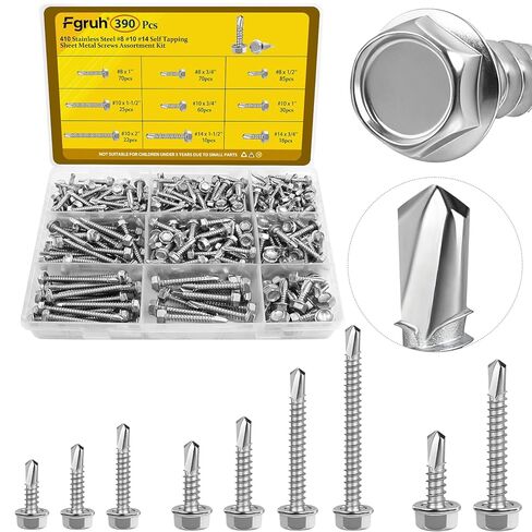 170Pcs #8#10 Self Tapping Screws for Metal, #8x1/2'' 3/4'',#10x1'' 1-1/2'' Hex Washer Head Self Drilling Screws Assortment Kit, 410 Stainless Steel Sheet Metal Screw Silver in Saudi Arabia