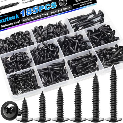 mxuteuk 185PCS #8 Black Wood Screws,Phillips Modified Truss Head Black Screws for Wood,410 Stainless Steel Quick Metal Self Tapping Screw for DIY Projects Home Repairs,6 Sizes 1/2" to 1-2" in Saudi Arabia