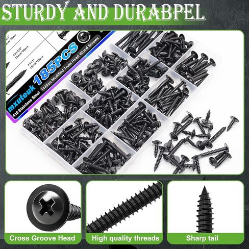 mxuteuk 185PCS #8 Black Wood Screws,Phillips Modified Truss Head Black Screws for Wood,410 Stainless Steel Quick Metal Self Tapping Screw for DIY Projects Home Repairs,6 Sizes 1/2" to 1-2" in Saudi Arabia