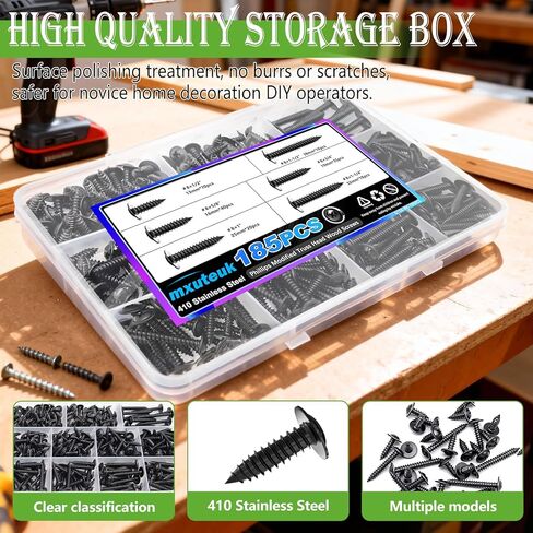 mxuteuk 185PCS #8 Black Wood Screws,Phillips Modified Truss Head Black Screws for Wood,410 Stainless Steel Quick Metal Self Tapping Screw for DIY Projects Home Repairs,6 Sizes 1/2" to 1-2" in Saudi Arabia