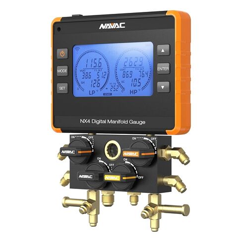 مقياس NAVAC Nexus الرقمي المتعدد NX4V - أداة HVAC ذات 4 صمامات مع اتصال بلوتوث، تطبيق myNAVAC، متوافق مع A2L، مقياس ميكرون NMV1S مدمج، تصميم متين مدمج، دقة عالية للفنيين in Kuwait