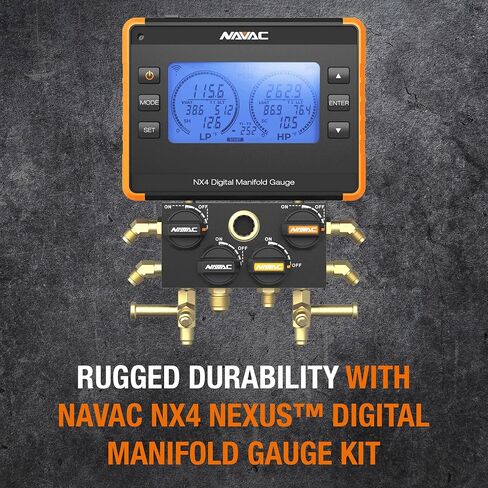 مقياس NAVAC Nexus الرقمي المتعدد NX4V - أداة HVAC ذات 4 صمامات مع اتصال بلوتوث، تطبيق myNAVAC، متوافق مع A2L، مقياس ميكرون NMV1S مدمج، تصميم متين مدمج، دقة عالية للفنيين in Kuwait
