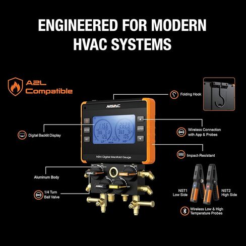 مقياس NAVAC Nexus الرقمي المتعدد NX4V - أداة HVAC ذات 4 صمامات مع اتصال بلوتوث، تطبيق myNAVAC، متوافق مع A2L، مقياس ميكرون NMV1S مدمج، تصميم متين مدمج، دقة عالية للفنيين in Kuwait