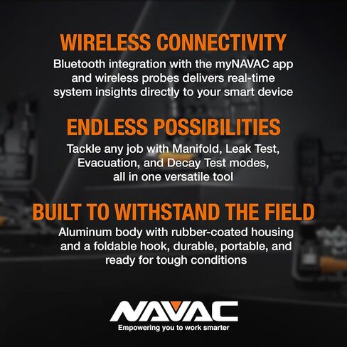 مقياس NAVAC Nexus الرقمي المتعدد NX4V - أداة HVAC ذات 4 صمامات مع اتصال بلوتوث، تطبيق myNAVAC، متوافق مع A2L، مقياس ميكرون NMV1S مدمج، تصميم متين مدمج، دقة عالية للفنيين in Kuwait