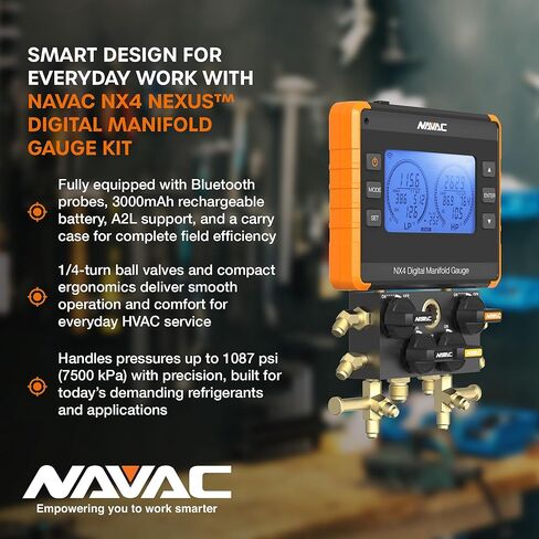 مقياس NAVAC Nexus الرقمي المتعدد NX4V - أداة HVAC ذات 4 صمامات مع اتصال بلوتوث، تطبيق myNAVAC، متوافق مع A2L، مقياس ميكرون NMV1S مدمج، تصميم متين مدمج، دقة عالية للفنيين in Kuwait