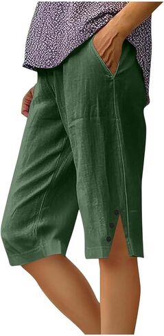 شورت برمودا كتان للنساء 2026 سروال عالي الخصر كاجوال بطول الركبة خفيف الوزن طويل قصير مع فتحة in Kuwait