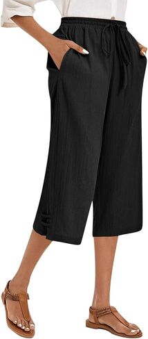 Women's Linen Pants Wide Leg Capri Drawstring Cotton Culottes Cropped Elastic Waist Trousers Casual Summer Palazzo in Saudi Arabia