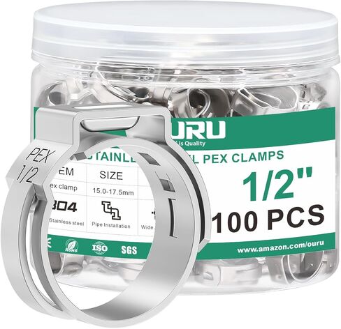 120PCS Pex Crimp Rings Assortment,304 Stainless Steel Pex Clamps 3/8",1/2",3/4",5/8",1" Single Ear Hose Clamps,Pex Cinch Clamps for Pex Fittings Pipe Tubing in Kuwait