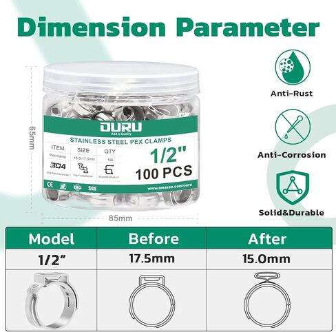 120PCS Pex Crimp Rings Assortment,304 Stainless Steel Pex Clamps 3/8",1/2",3/4",5/8",1" Single Ear Hose Clamps,Pex Cinch Clamps for Pex Fittings Pipe Tubing in Kuwait