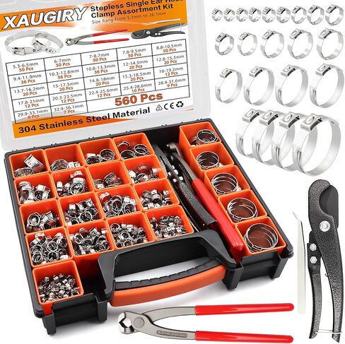 560 قطعة 22 مقاسًا 304 من الفولاذ المقاوم للصدأ مجموعة متنوعة من مشبك خرطوم الأذن الواحد، قابل للتعديل 5.3-36.1 مم، مع أداة كماشة مشبك الأذن، لخط الوقود والسيارات والصناعة وخط أنابيب المنزل in Kuwait