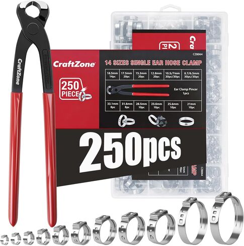 250PCS Single Ear Hose Clamp Kit With storage box, Stepless Adjustable Cinch Clamps with Pincer Tool for Automotive, Plumbing, Home Appliance Line in Kuwait