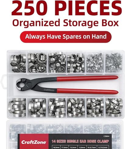 250PCS Single Ear Hose Clamp Kit With storage box, Stepless Adjustable Cinch Clamps with Pincer Tool for Automotive, Plumbing, Home Appliance Line in Kuwait