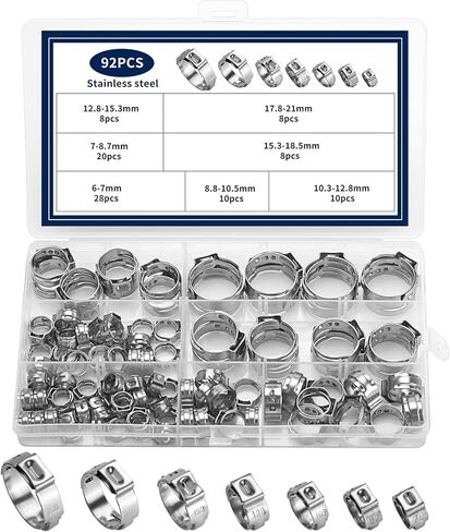 92 Pcs Single Ear Hose Clamps, 6-21mm Adjustable Stainless Steel Single Hose Crimp Clamps, Ear Stepless Pinch Clampss, Cinch Rings Assortment Kit for Automotive Home Plumbing Line Pipe Clips in Kuwait